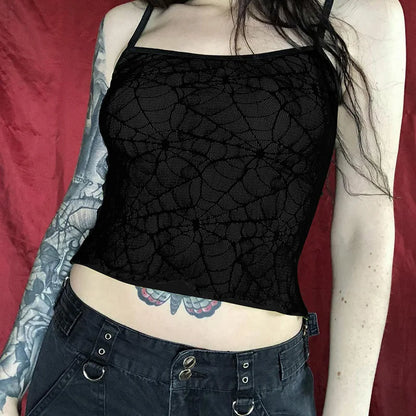 Gothic High Street  Mesh Lace Backless Ruffle Sleeveless Crop Top