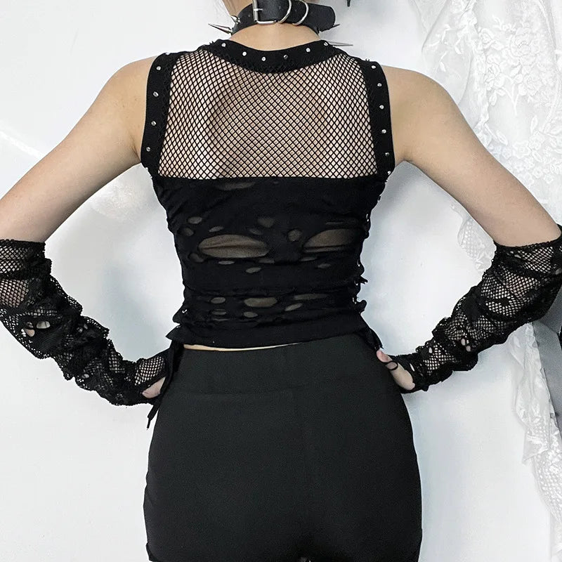 Gothic Trendy  Fishnet Backless Steampunk Rave Party Crop Top