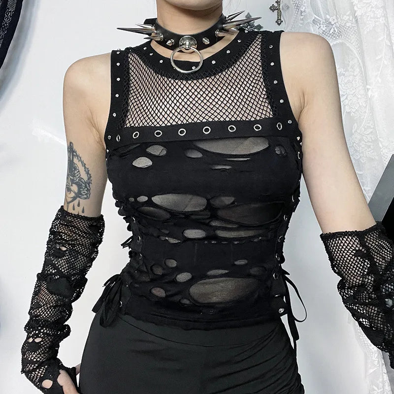 Gothic Trendy  Fishnet Backless Steampunk Rave Party Crop Top