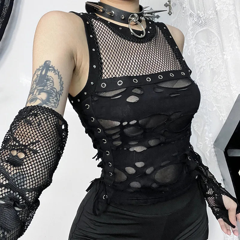 Gothic Trendy  Fishnet Backless Steampunk Rave Party Crop Top