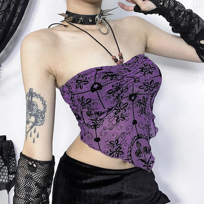 Gothic  Irregular Bandeau Halterneck Flocked Backless Crop Top