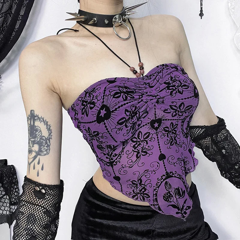 Gothic  Irregular Bandeau Halterneck Flocked Backless Crop Top