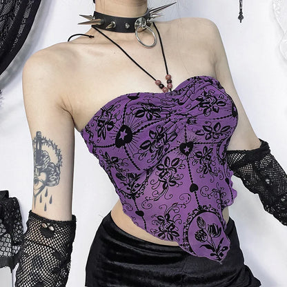 Gothic  Irregular Bandeau Halterneck Flocked Backless Crop Top