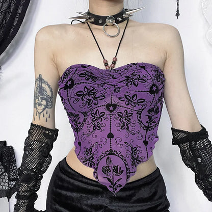 Gothic  Irregular Bandeau Halterneck Flocked Backless Crop Top