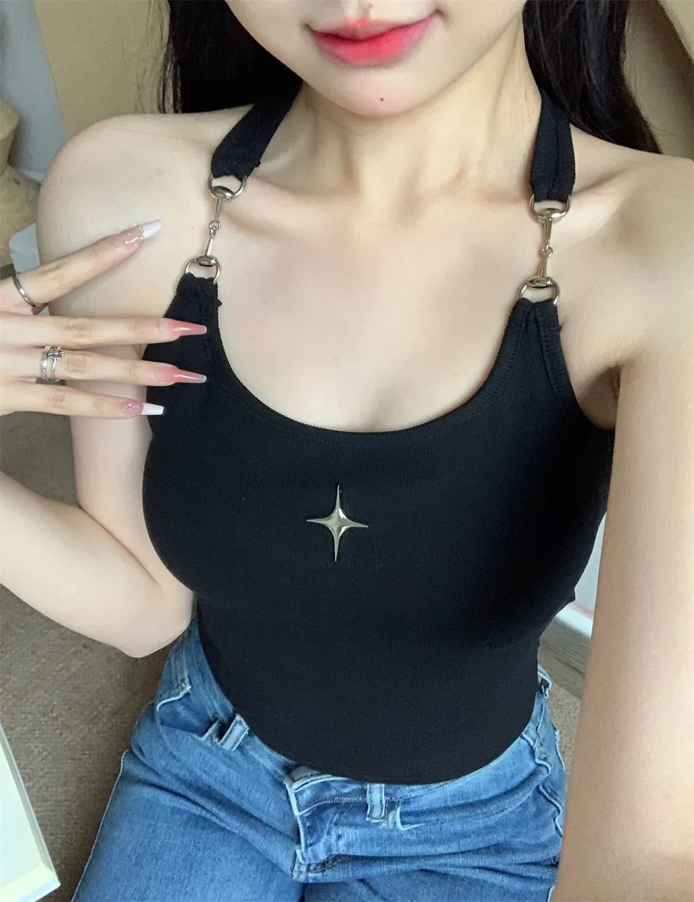 Mysterious  Chain Black Cross Print Black Crop Top