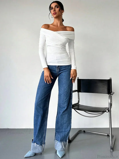 A-line Shoulder Long Sleeve Slim Knitted T-shirt Women