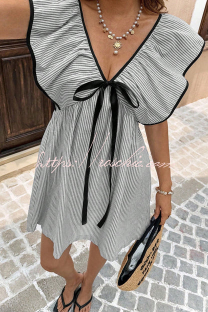 Striped Print Loose V-neck Tie Bow Casual Mini Dress