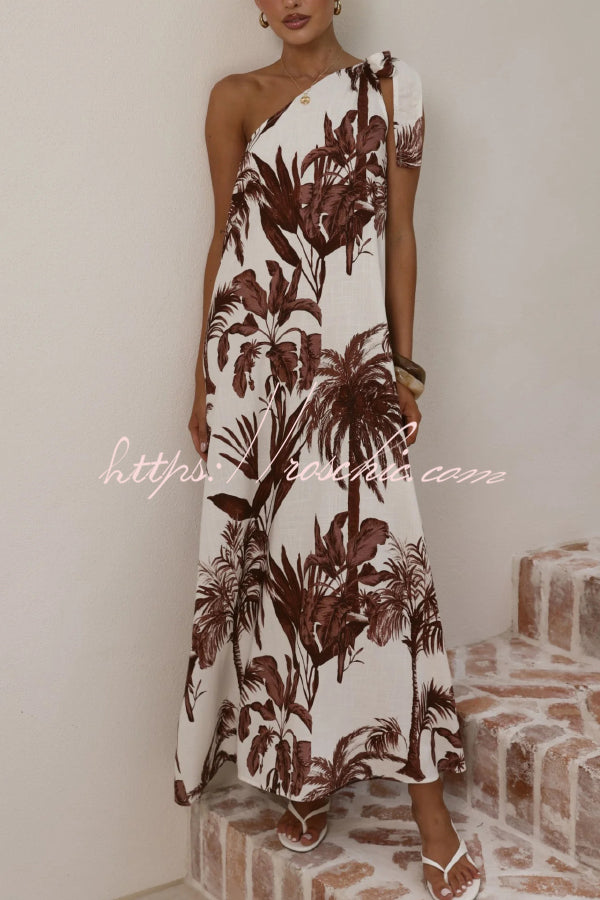 Botanical Print Sleeveless One-shoulder Casual Vacation Maxi Dress