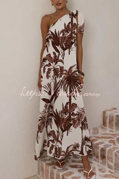 Botanical Print Sleeveless One-shoulder Casual Vacation Maxi Dress