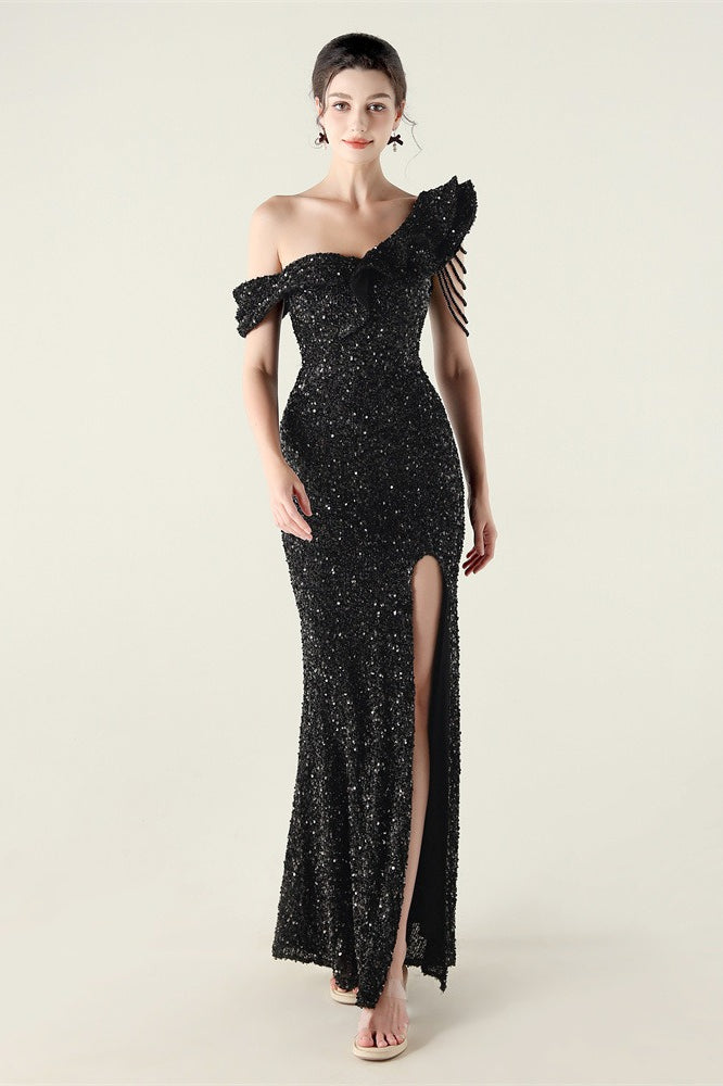 Vestido de fiesta formal con volante y un solo hombro drapeado