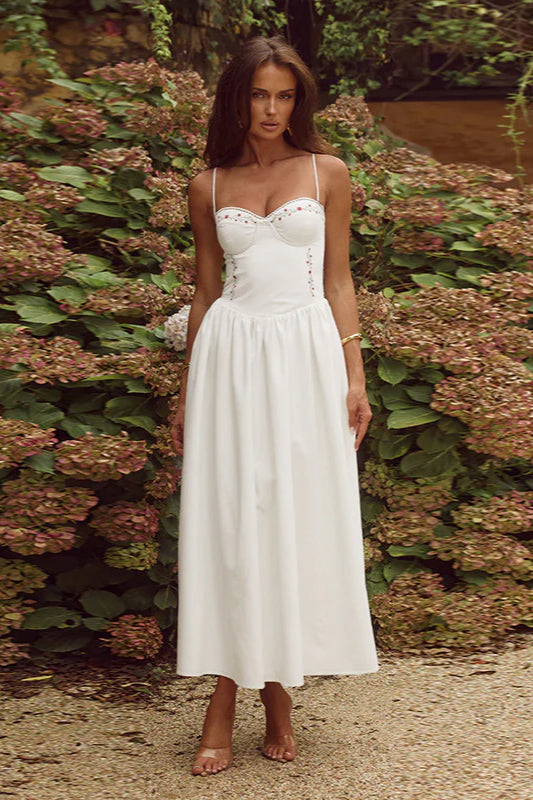 Floral Embroidered Waist-Cinched A-Line Maxi Dress