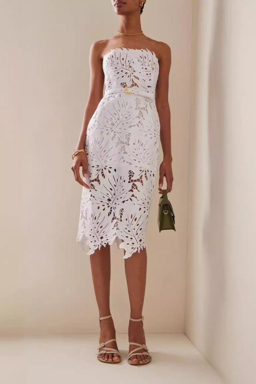 Vestido de Fiesta con Blonda de Hoja de Arce y Cintura Elástica sin Tirantes