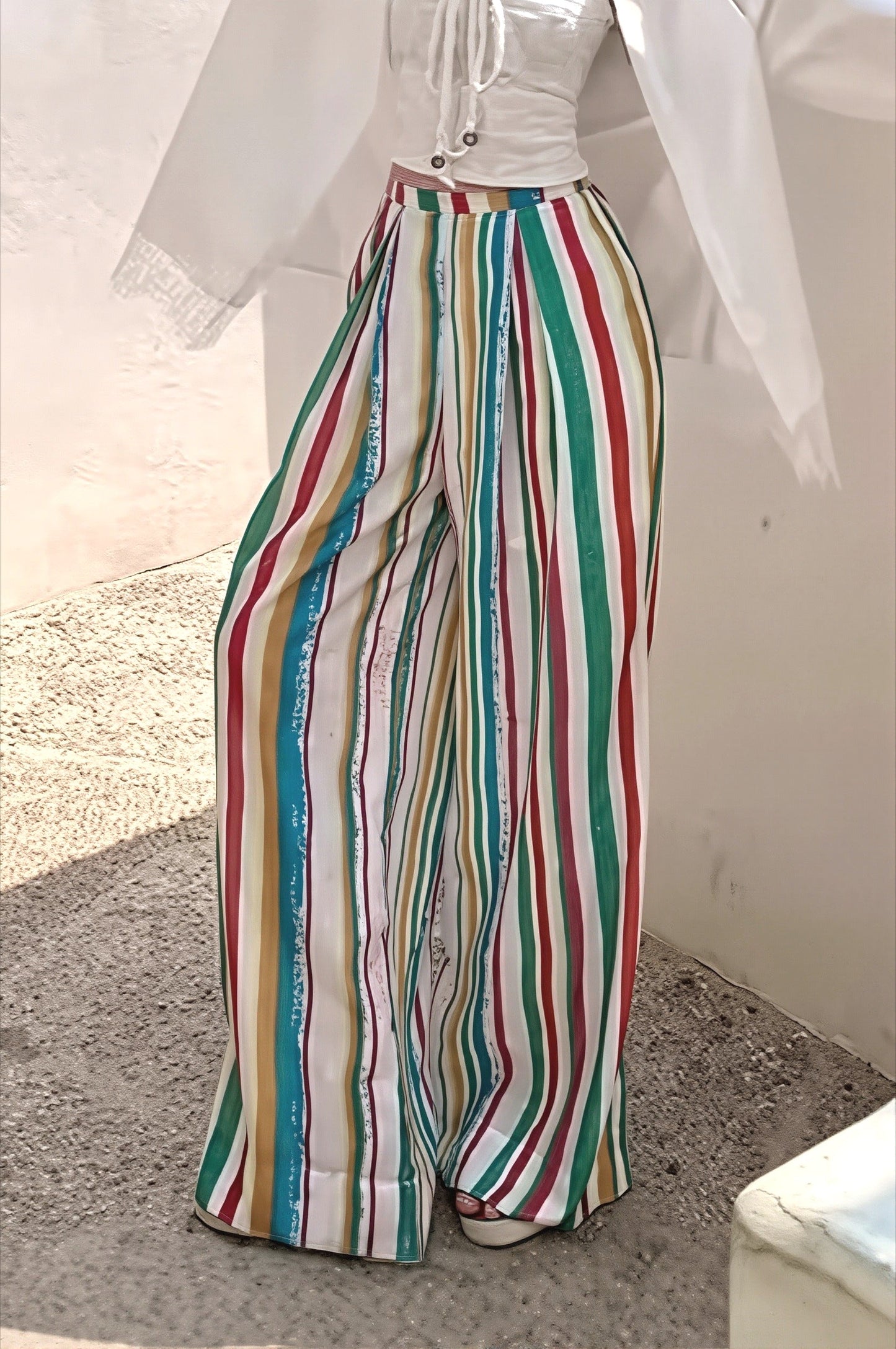 Pantalones boho de cintura alta a rayas de colores