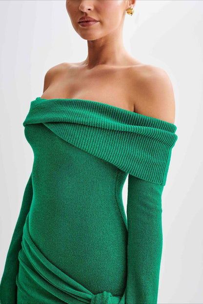 Sheer Spaghetti Strap Off-Shoulder Fitted Knit Maxi Sweater Dress