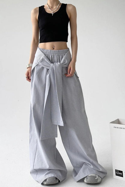 Pantalones Anchos Casuales con Raya y Cinturón