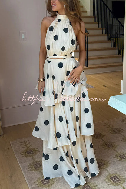 Gift To You Polka Dot Print High Neck Sleeveless Top and Layered Hem Maxi Skirt Set