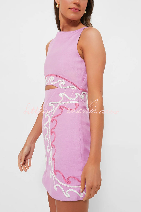 Embroidered Sleeveless Round Neck Hollowed-out Slim-fit Mini Dress