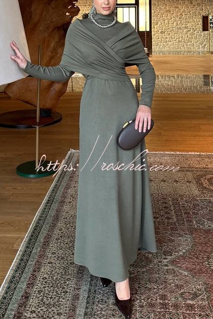 Solid Color High-neck Long-sleeved Crossover Waist Slim-fit Maxi Dress