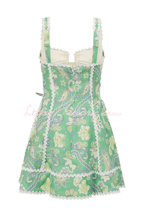 Unique Printed Serrated Trim Suspender Side Tie Vacation Mini Dress