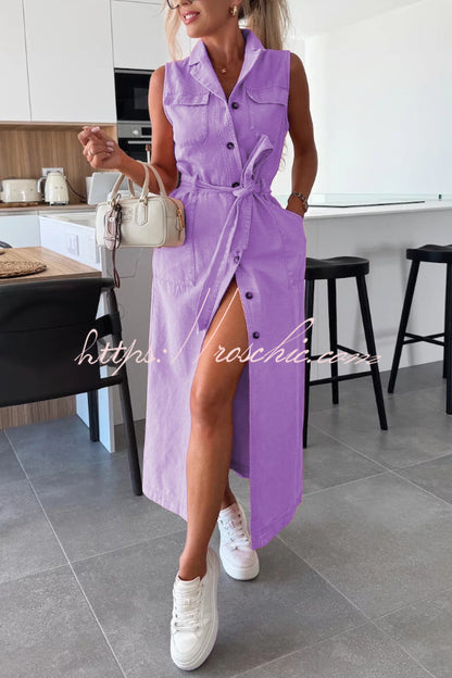 Solid Color Sleeveless Single Breasted Waist Tie Casual Pocket Denim Midi Dress