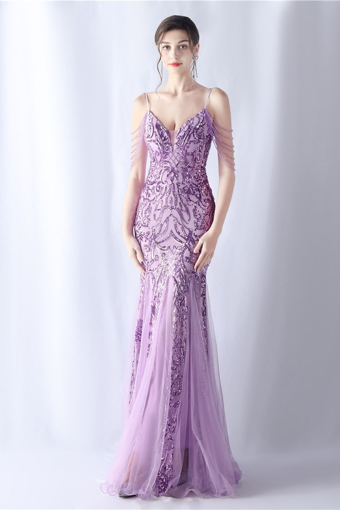 Vestido maxi de cóctel de malla con abalorios