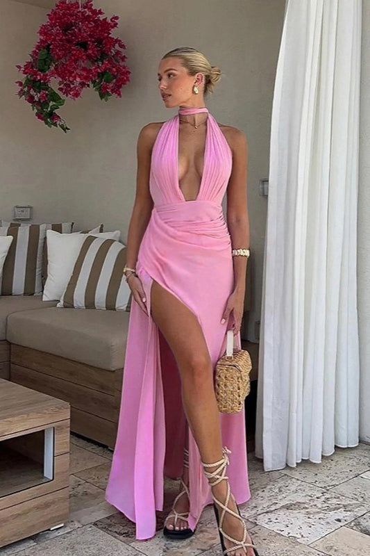 Vestido maxi con cuello halter en U, fruncido y abertura