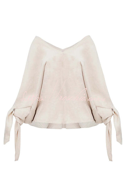 Joyful Bond Linen Blend V-neck Knotted Cuff Half Sleeve Loose Top