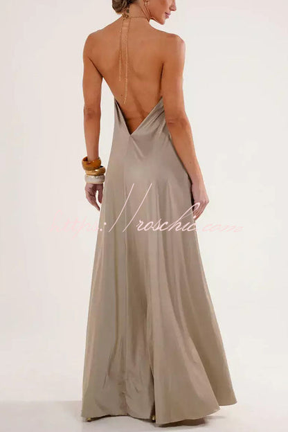 Ocean Goddess Metal Circular Chain Halter Backless Vacation A-line Maxi Dress