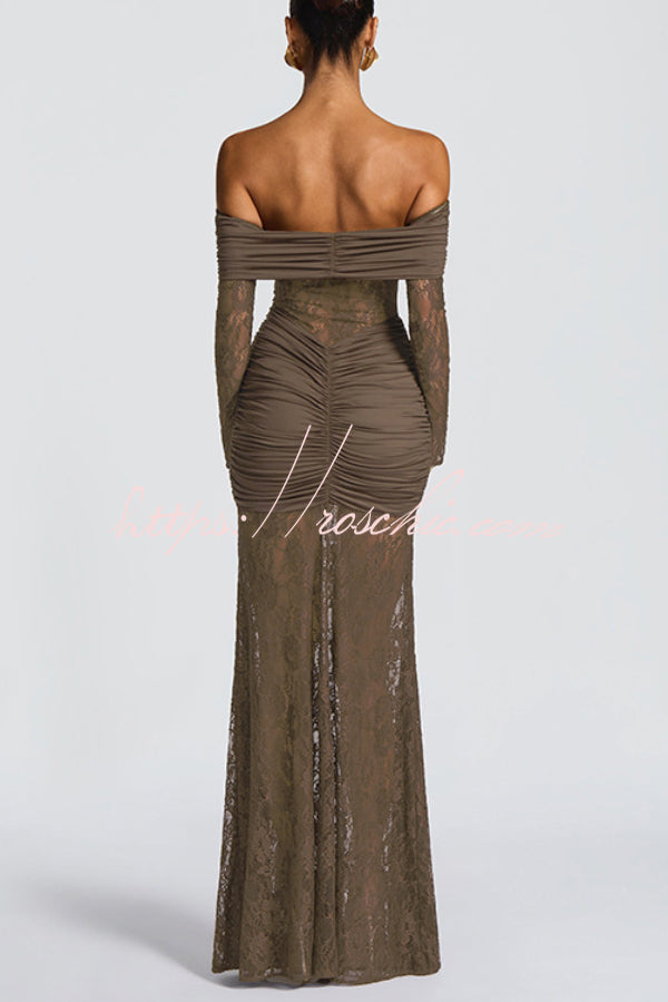 Solid Color Patchwork Lace Off-shoulder Long-sleeved Pleated Slim-fit Maxi Dress