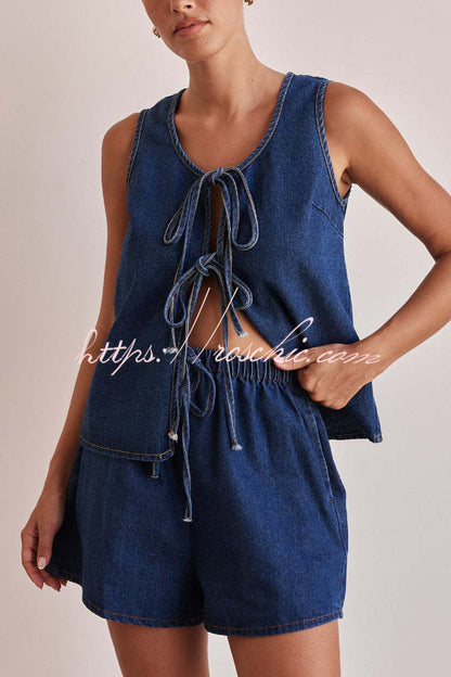 Stylish Sleeveless Round Neck Tie-up Casual Denim Vest