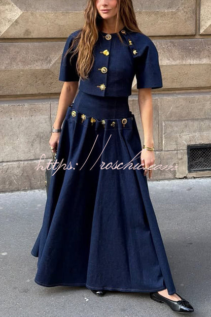 Custom Look Denim Unique Metal Pattern Buttons Lace-up Waist Crisp Hem Maxi Skirt