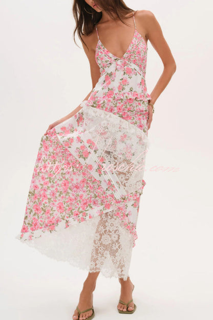 Fashionable Floral Print Lace Patchwork Hollow-out Slim Fit Vacation Ruffle Maxi Dress