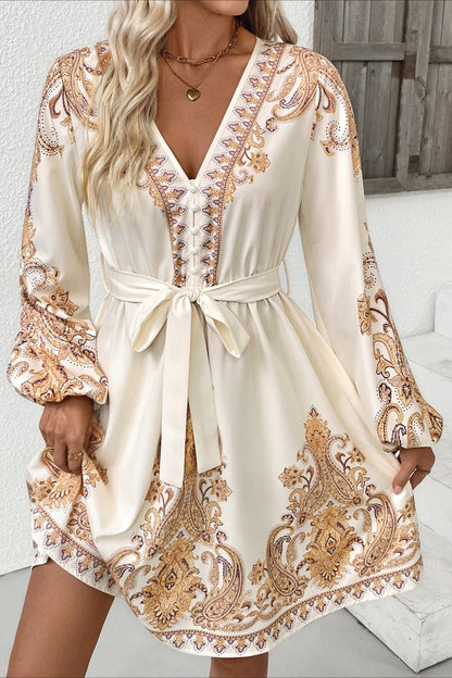 Minivestido étnico con escote en V y estampado chic de cachemira