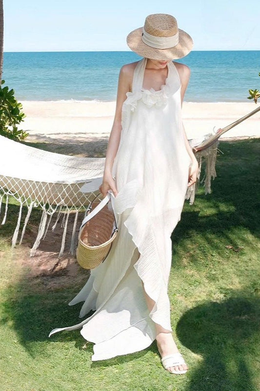 Vestido maxi halter elegante entallado con flores 3D