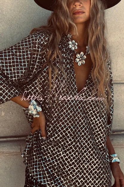 All about Glam Collar Sequin V-neck Half Sleeve Loose Top