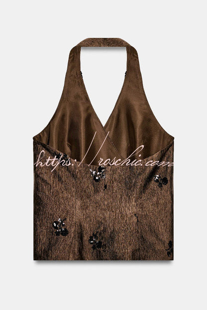 Stylish Sequined Halter Neck Backless Cross Tie Top
