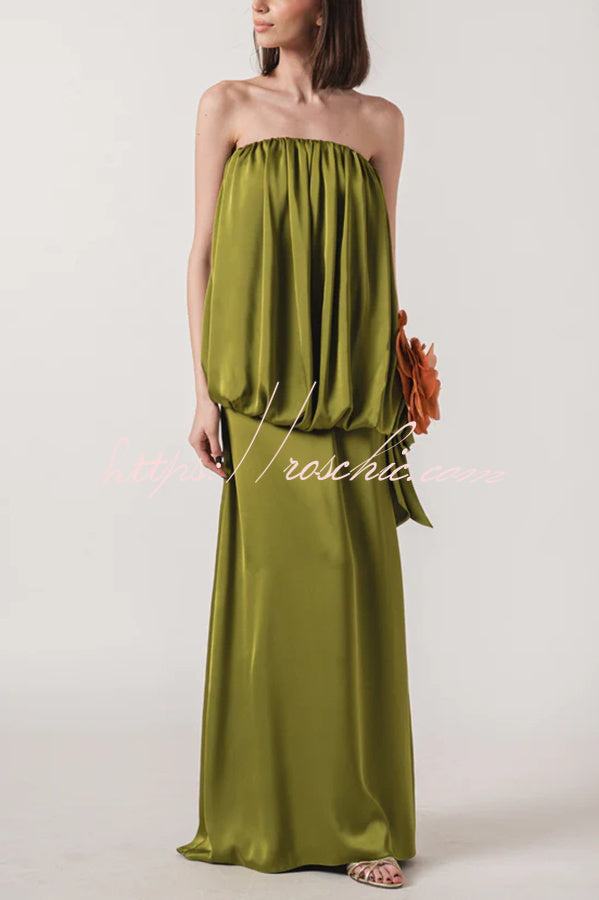 Simple Elegant Satin Voluminous Floral Detail Strapless Top and Elastic Waist Drape Maxi Skirt Set