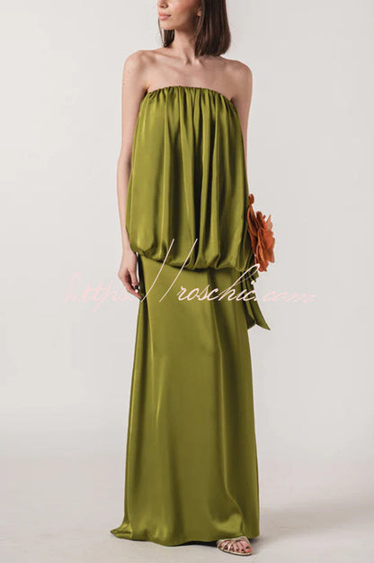 Simple Elegant Satin Voluminous Floral Detail Strapless Top and Elastic Waist Drape Maxi Skirt Set