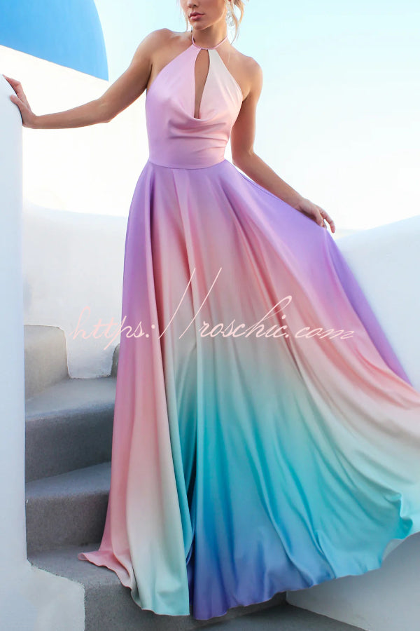 Fashionable Gradient Halter Neck Backless Tie-up Elegant Full Hem Maxi Dress