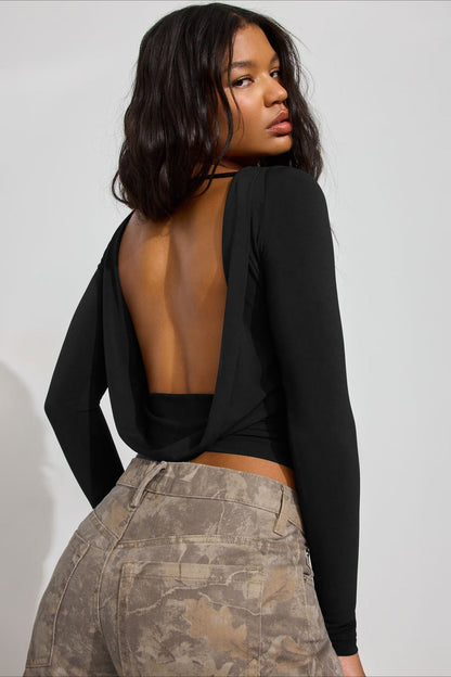 Solid Color Fitted Open Back Sexy Long Sleeve Tee