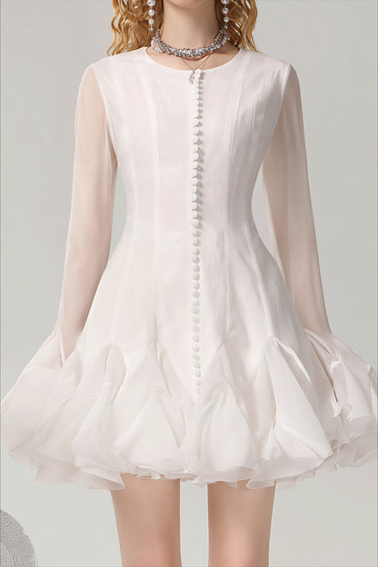 Minivestido Elegante con Volantes, Mangas Largas Abullonadas y Botones