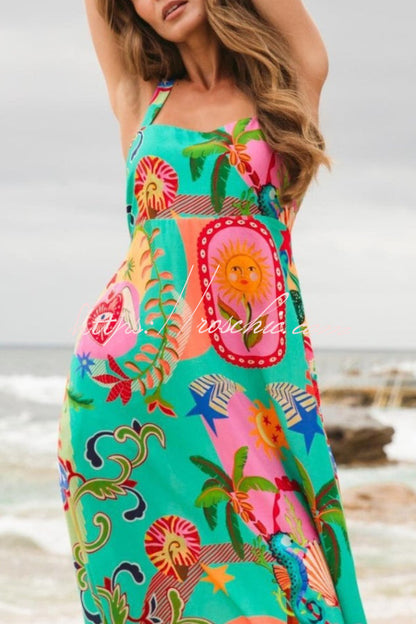 Unique Print Square Neck Spaghetti Strap Back Pleated Casual Maxi Dress