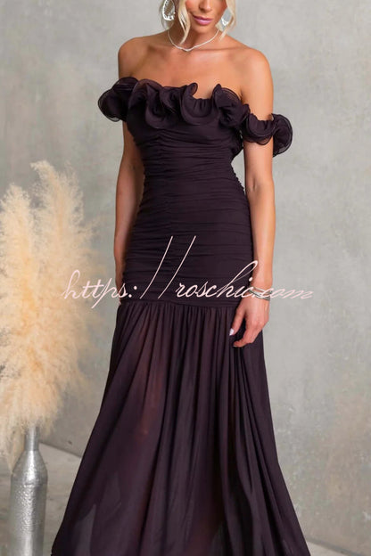 Solid Color Off-shoulder Pleated Backless Slim-fit Elegant Mesh Maxi Dress