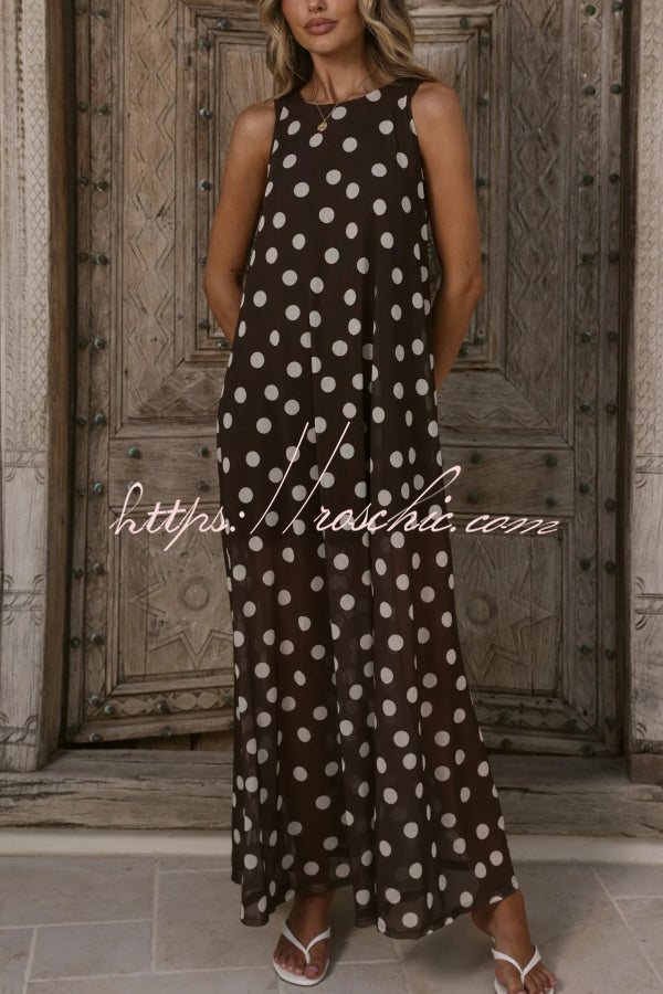 Polka Dot Print Loose Round Neck Sleeveless Mesh Casual Maxi Dress