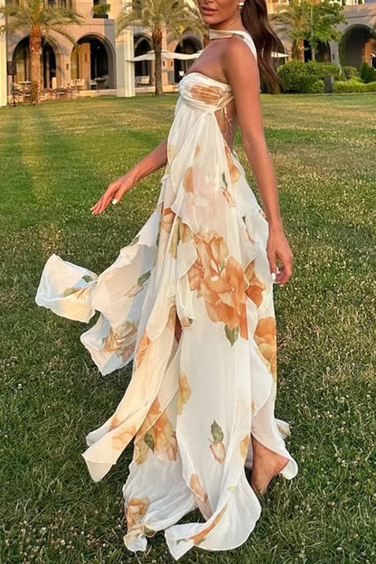 Mariah Floral Print Starfish Brooch Inverted Halter Neck Slit Ruffles Maxi Dress