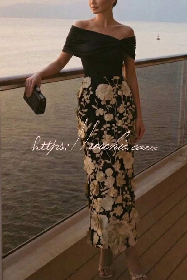 Classic 3D Floral Embroidery Off The Shoulder Short Sleeve Sheath Midi Dress