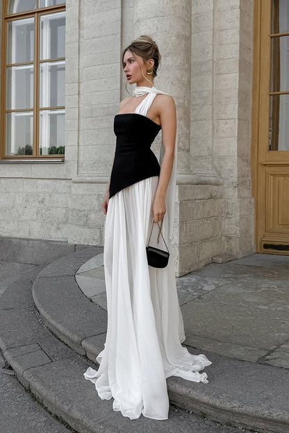 Elegante Vestido Maxi Acampanado con Ribete Ondulado en Bloques de Color