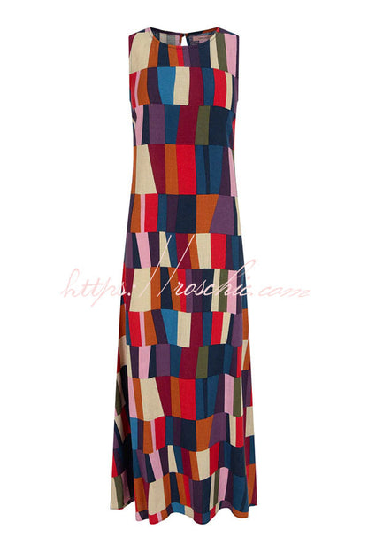 Retro Chic Linen Blend Colorful Color Block High Round Neck Sleeveless Maxi Dress