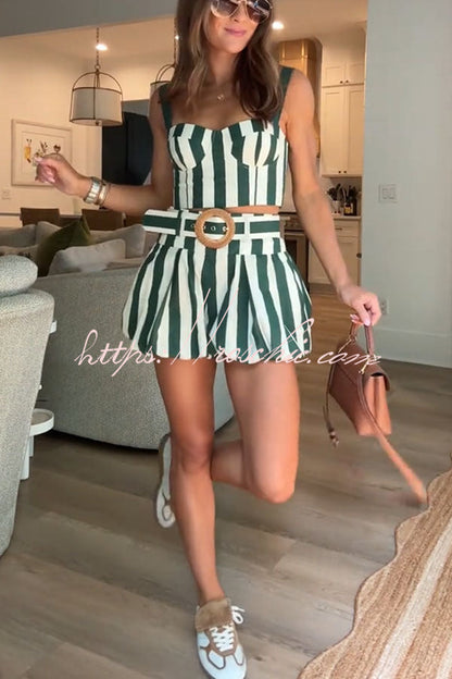 Claudine Striped Heart-shaped Smocked Tank and Raffia Buckle Belted Pocket Bubble Shorts Set