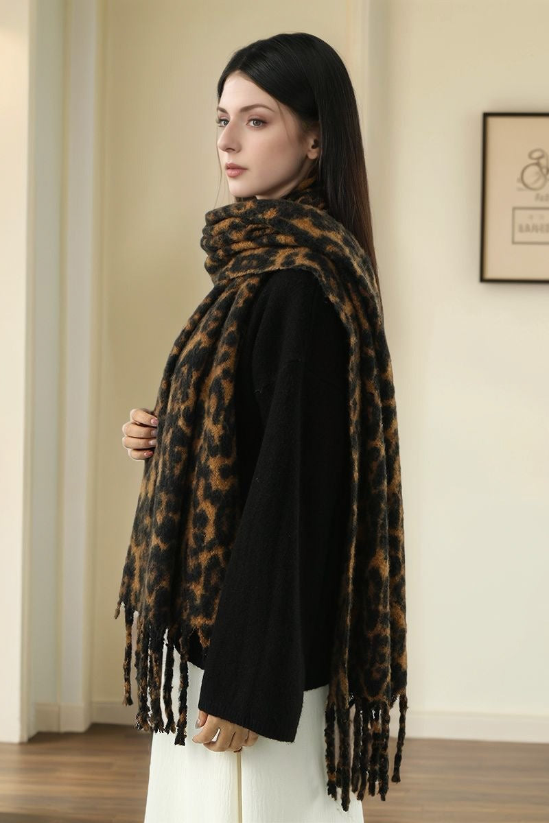 Faux Cashmere Leopard Print Thick Fringed Scarf